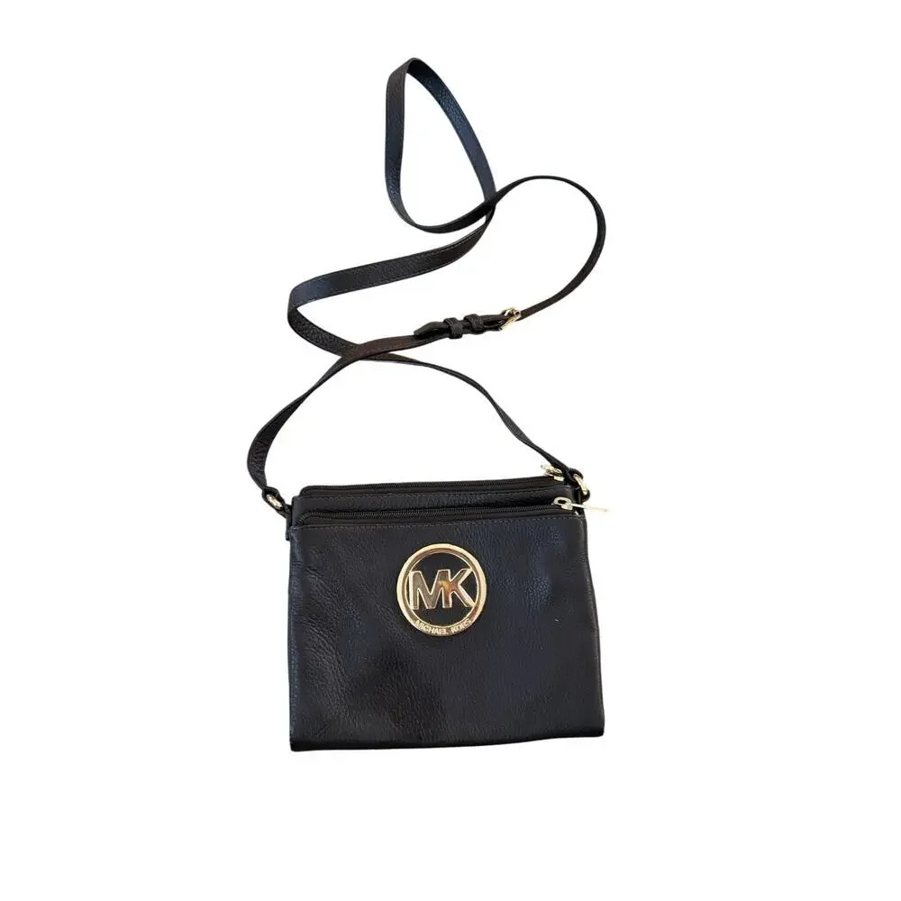 Michael Kors Fulton Crossbody Bag Leather Gold Tone Black